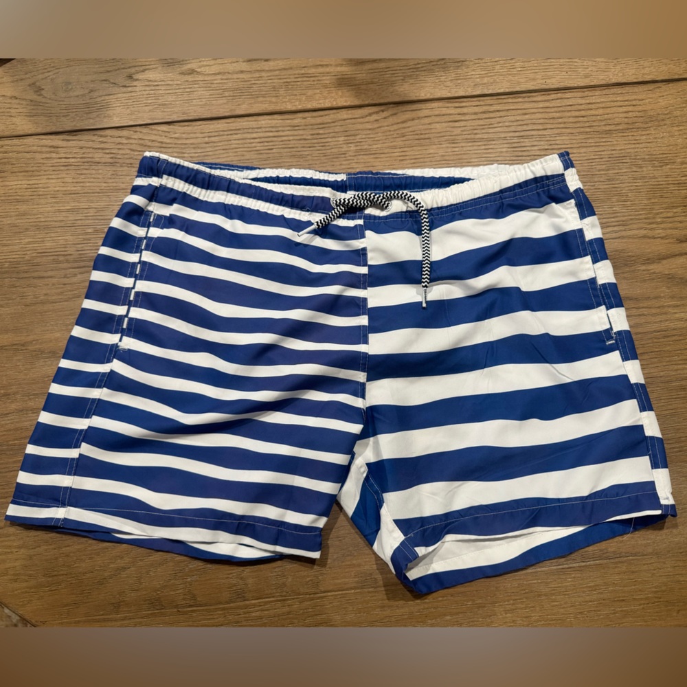 Boardies Blue & White Stripe Brief Lined Swim Trunks Water Shorts Men's Medium